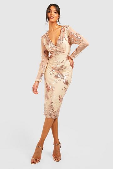Gold Metallic Boutique Sequin Print Mesh Midi Dress