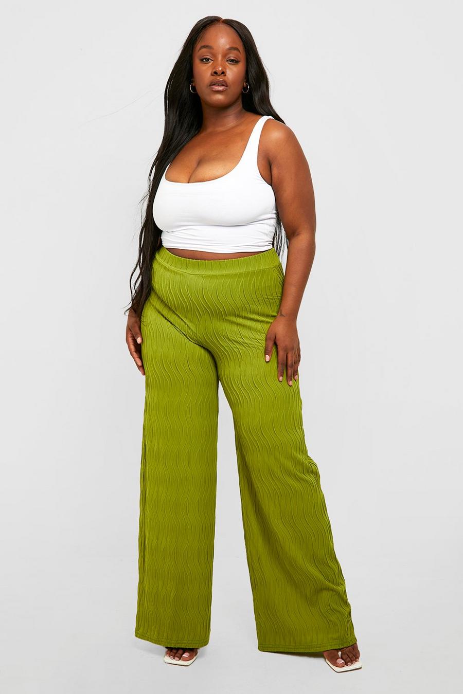 Olive Plus Textured Ripple Rib Wide Leg Flared Trousers  image number 1