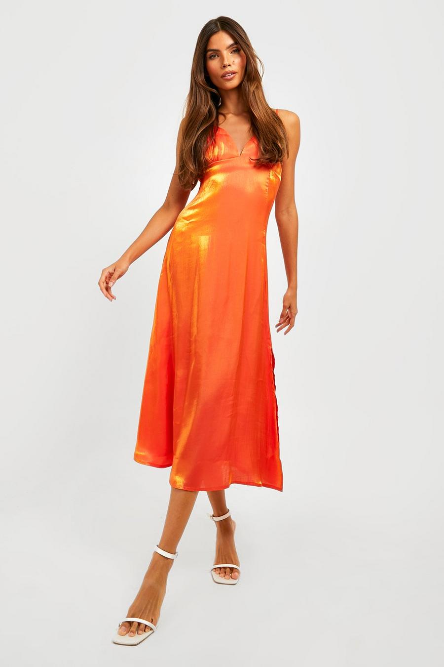 Rust orange Shimmer Satin Strappy Slip Dress