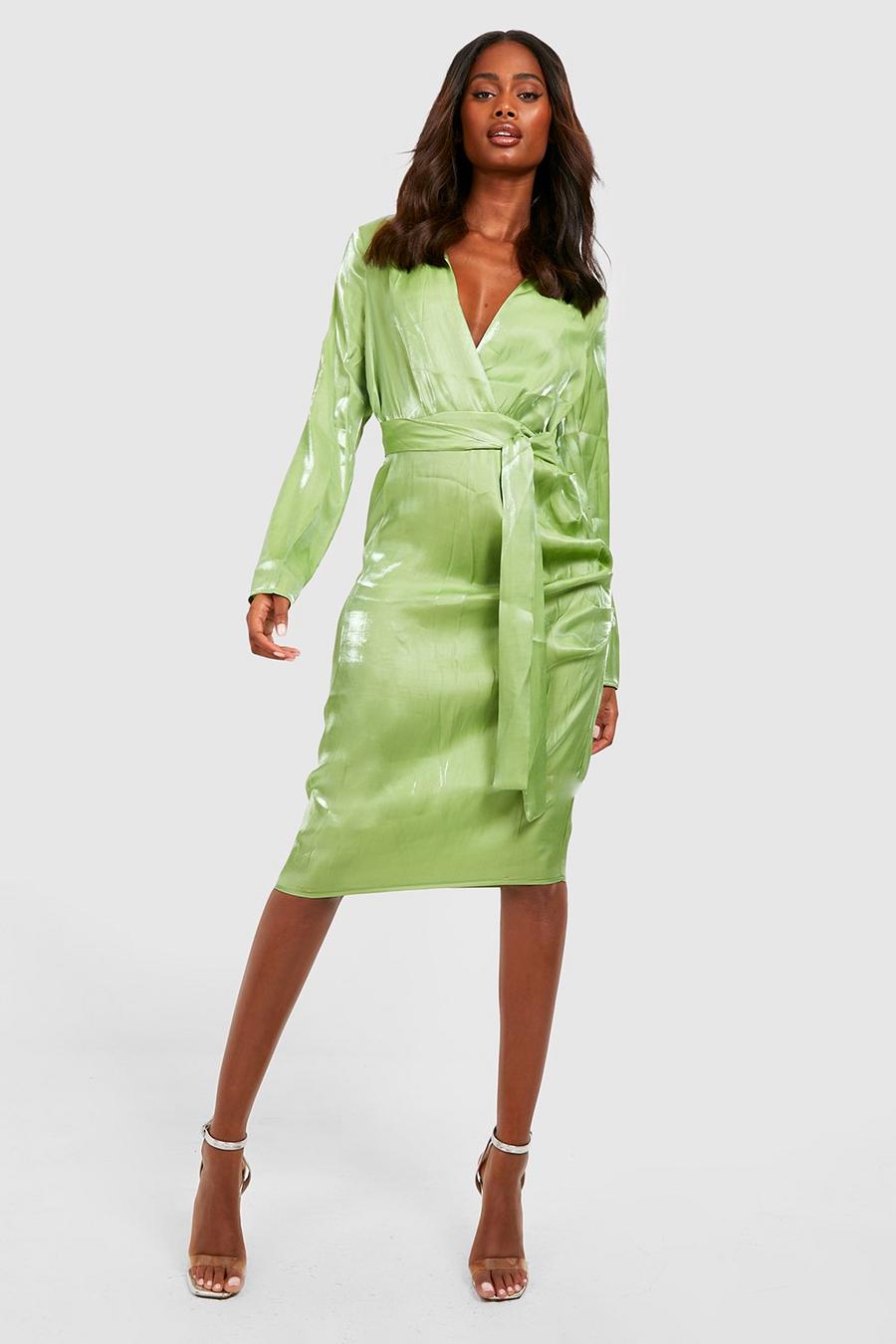 Chartreuse yellow Shimmer Satin Belted Midi Shirt Dress