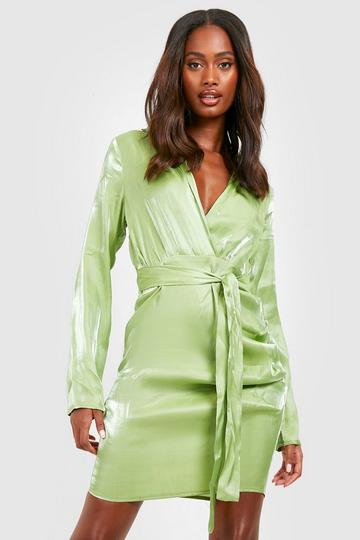 Satin Shimmer Belted Wrap Shirt Dress chartreuse