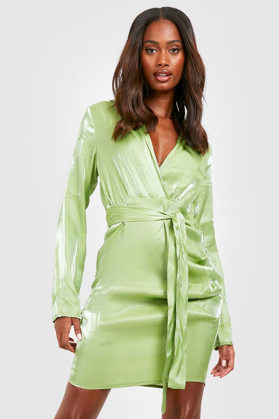 Chartreuse Satin Shimmer Belted Wrap Shirt Dress image number 1