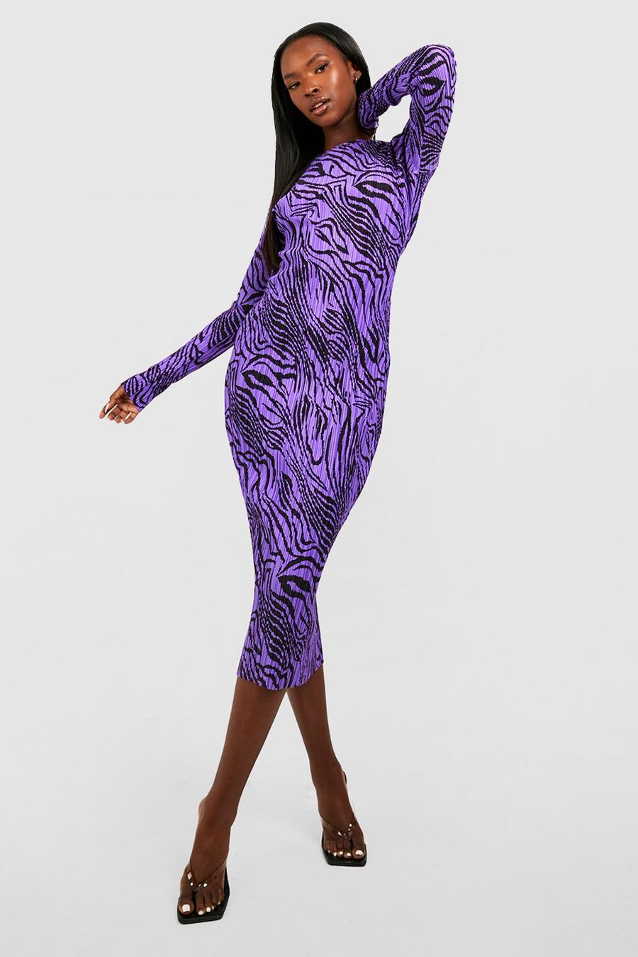 Purple Plisse Zebra Long Sleeve Midi Dress
