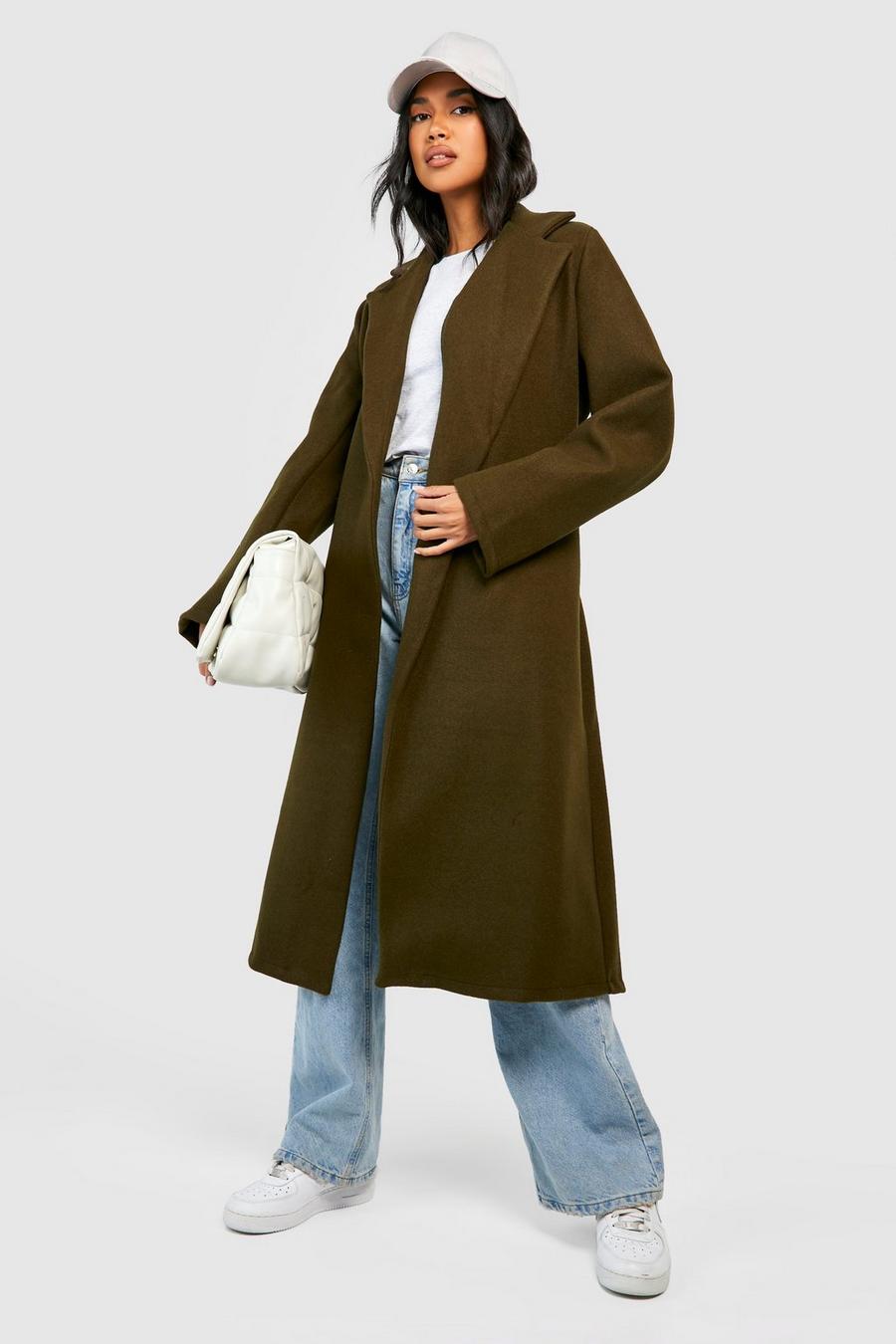 Khaki Longline Belted Wool Look Coat