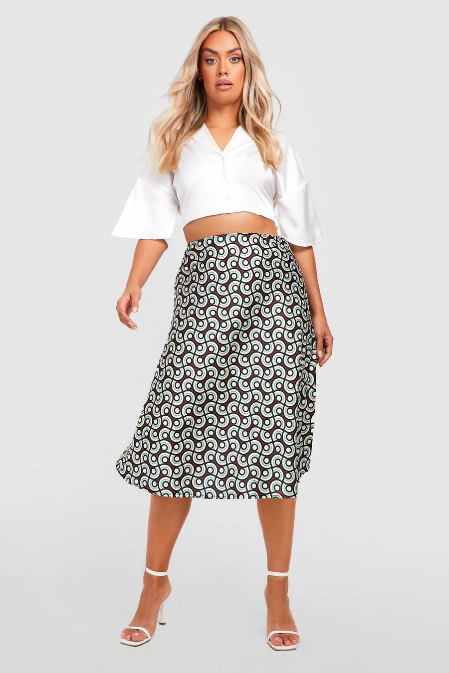 Black Plus Geo Print Satin Slip Midi Skirt