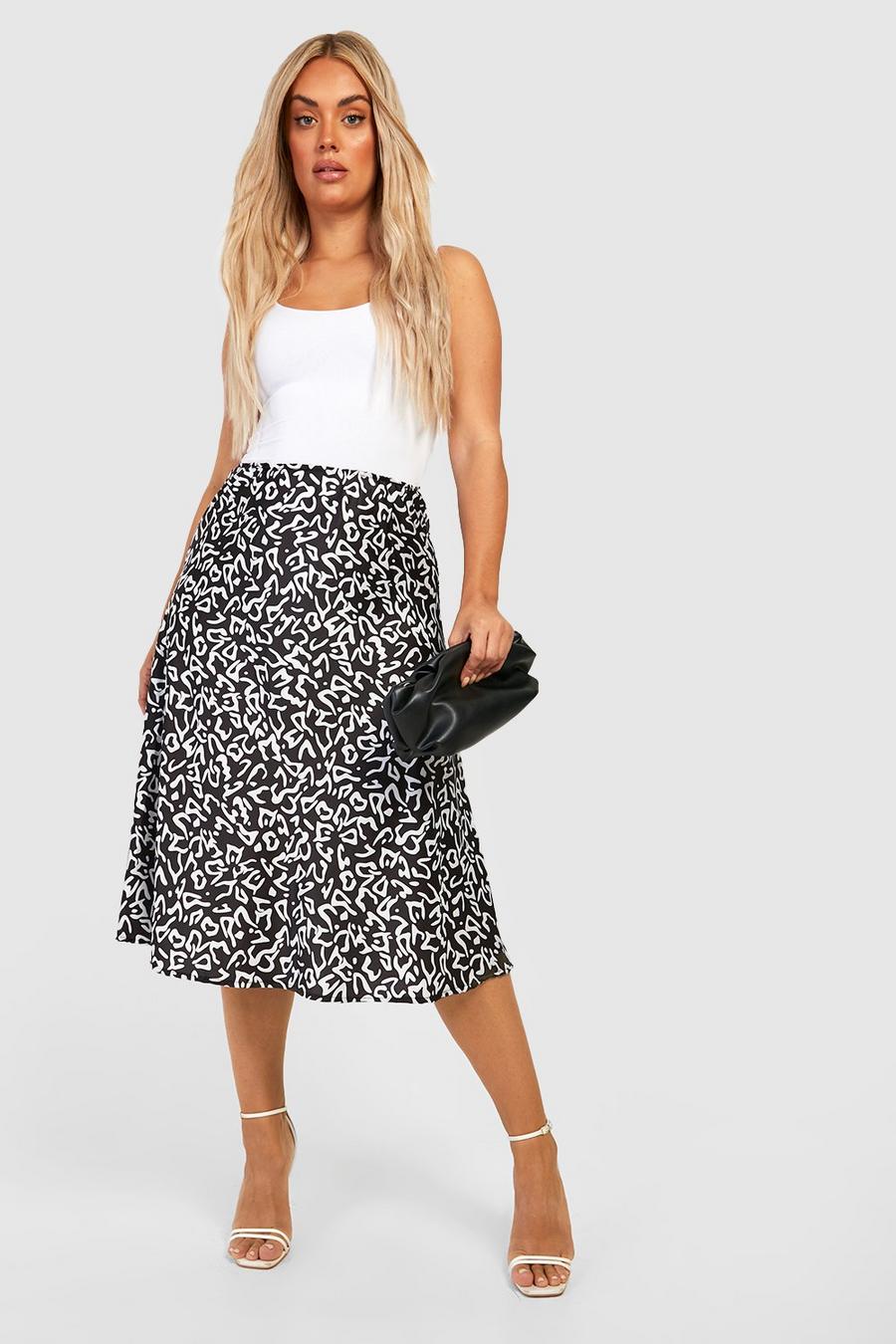 Black Plus Print Satin Slip Midi Skirt image number 1