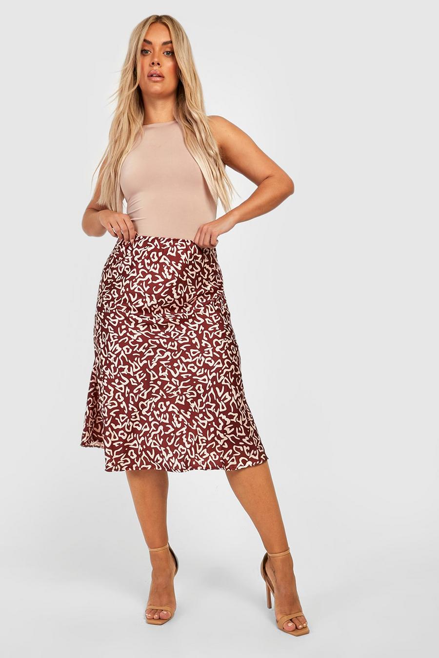 Red Plus Print Satin Slip Midi Skirt image number 1