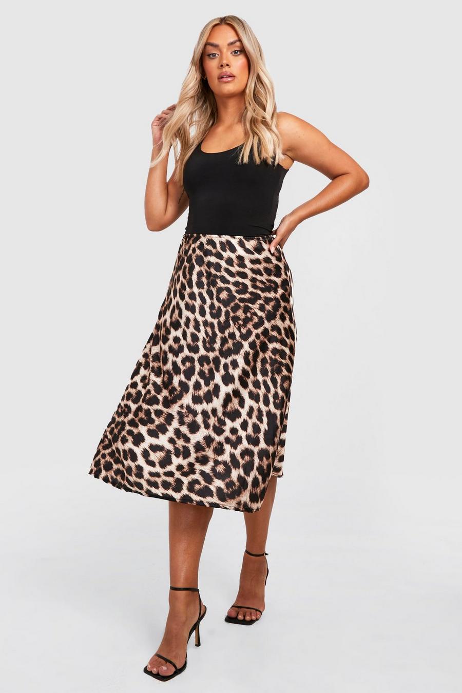 Brown marrone Plus Leopard Print Satin Slip Midi Skirt image number 1