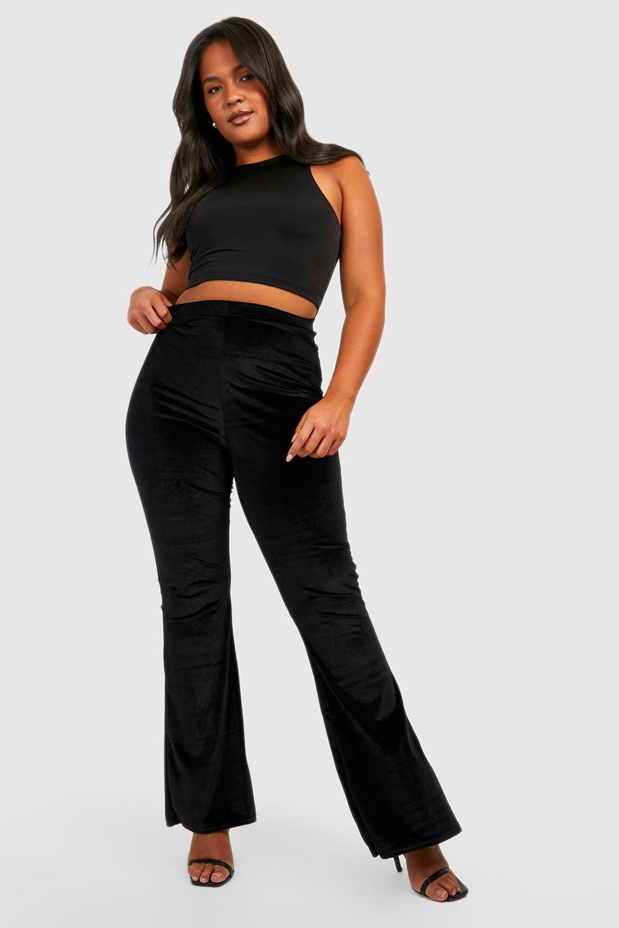 Fashion (Black Long Velvet 2)Plus Size Slit Black Flare Pants For
