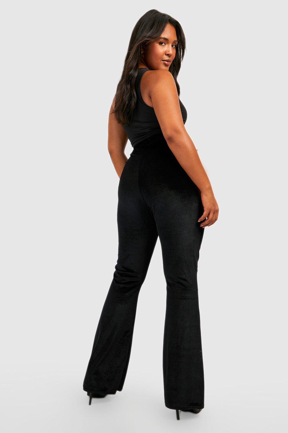 Plus Size Elegant Pants, Women's Plus Solid Velvet Ribbed High * Medium  Stretch Flared Leg Trousers