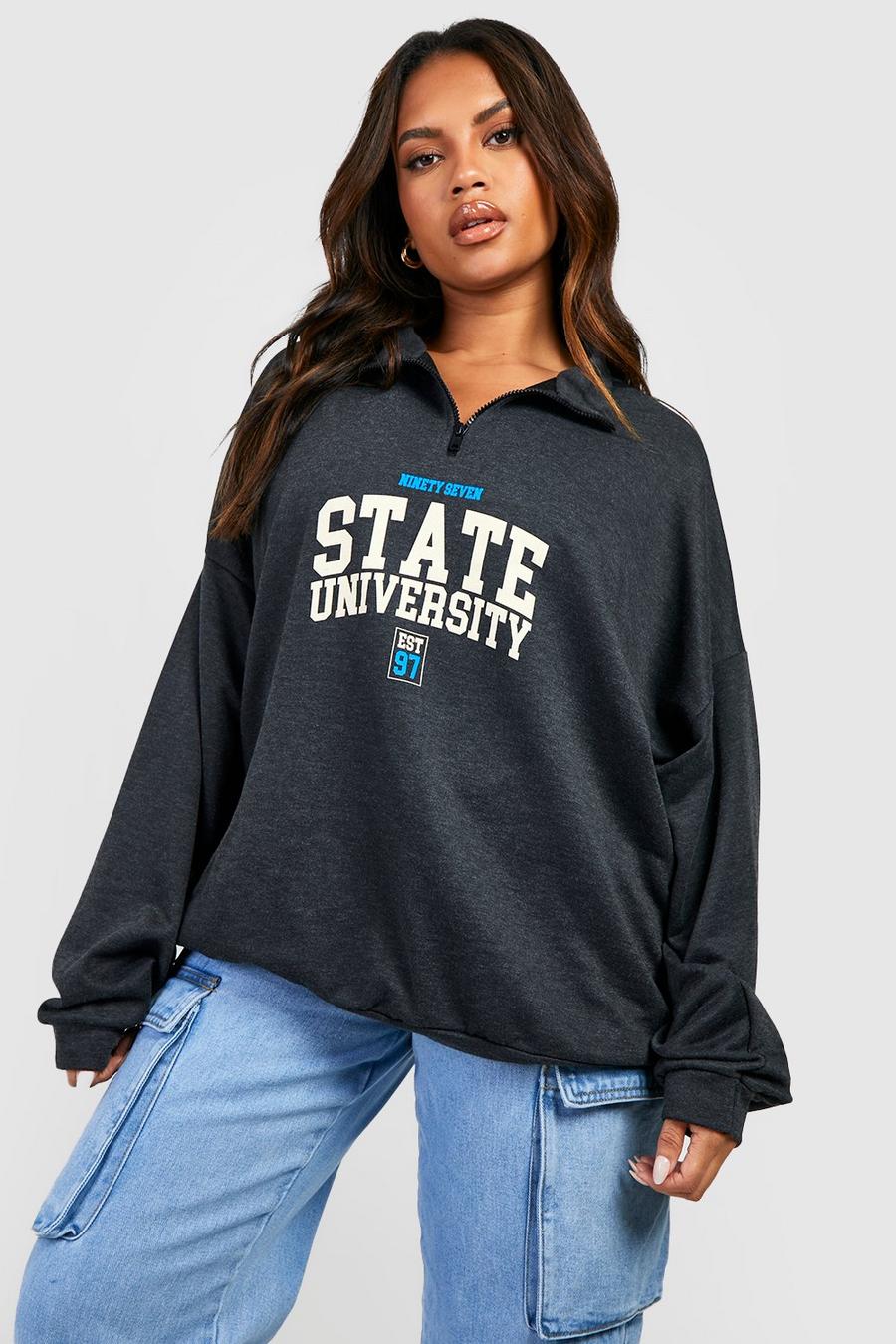 Plus Oversize State University Sweatshirt mit Reißverschluss, Charcoal gris