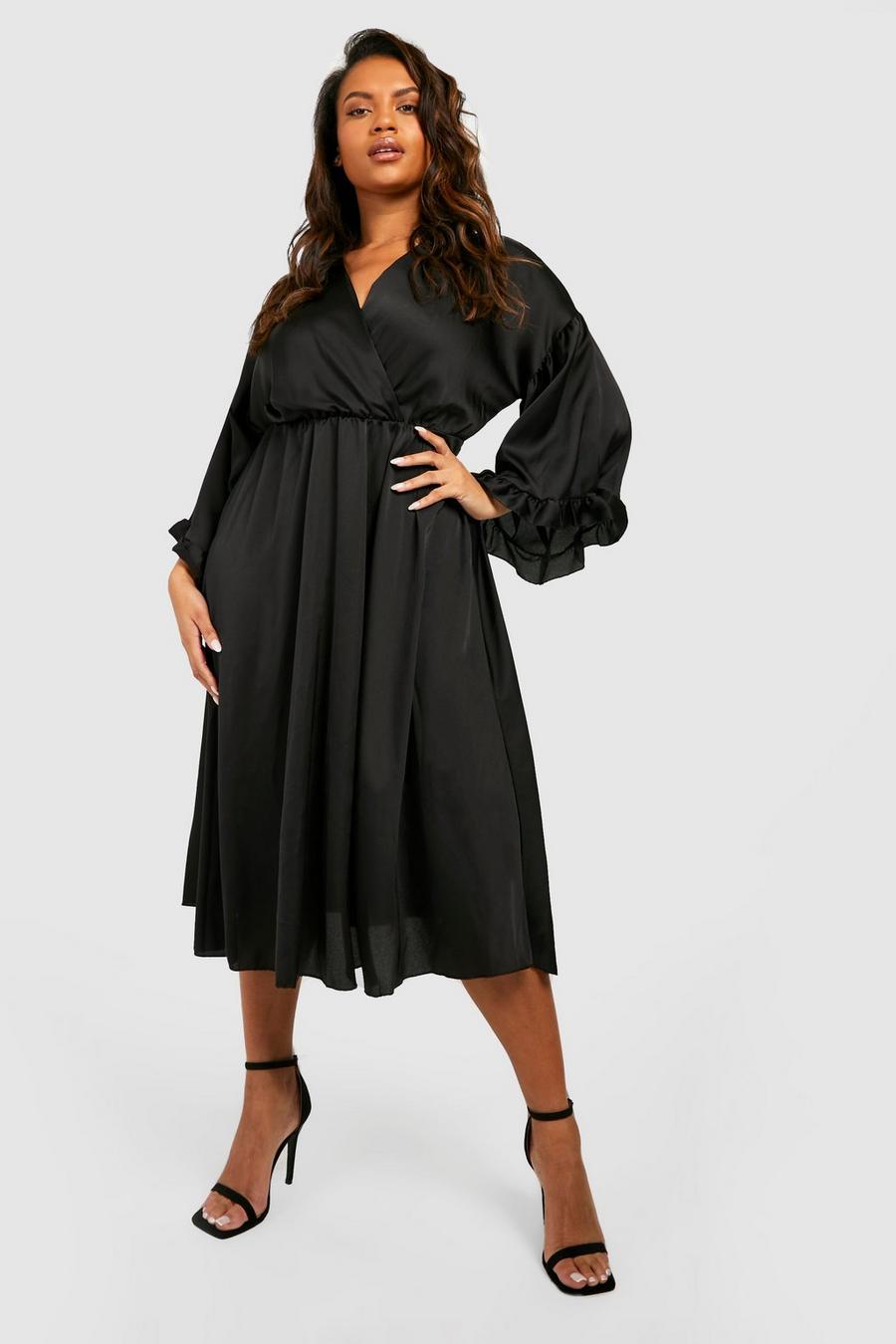 Black Plus Satin Ruffle Midi Dress image number 1