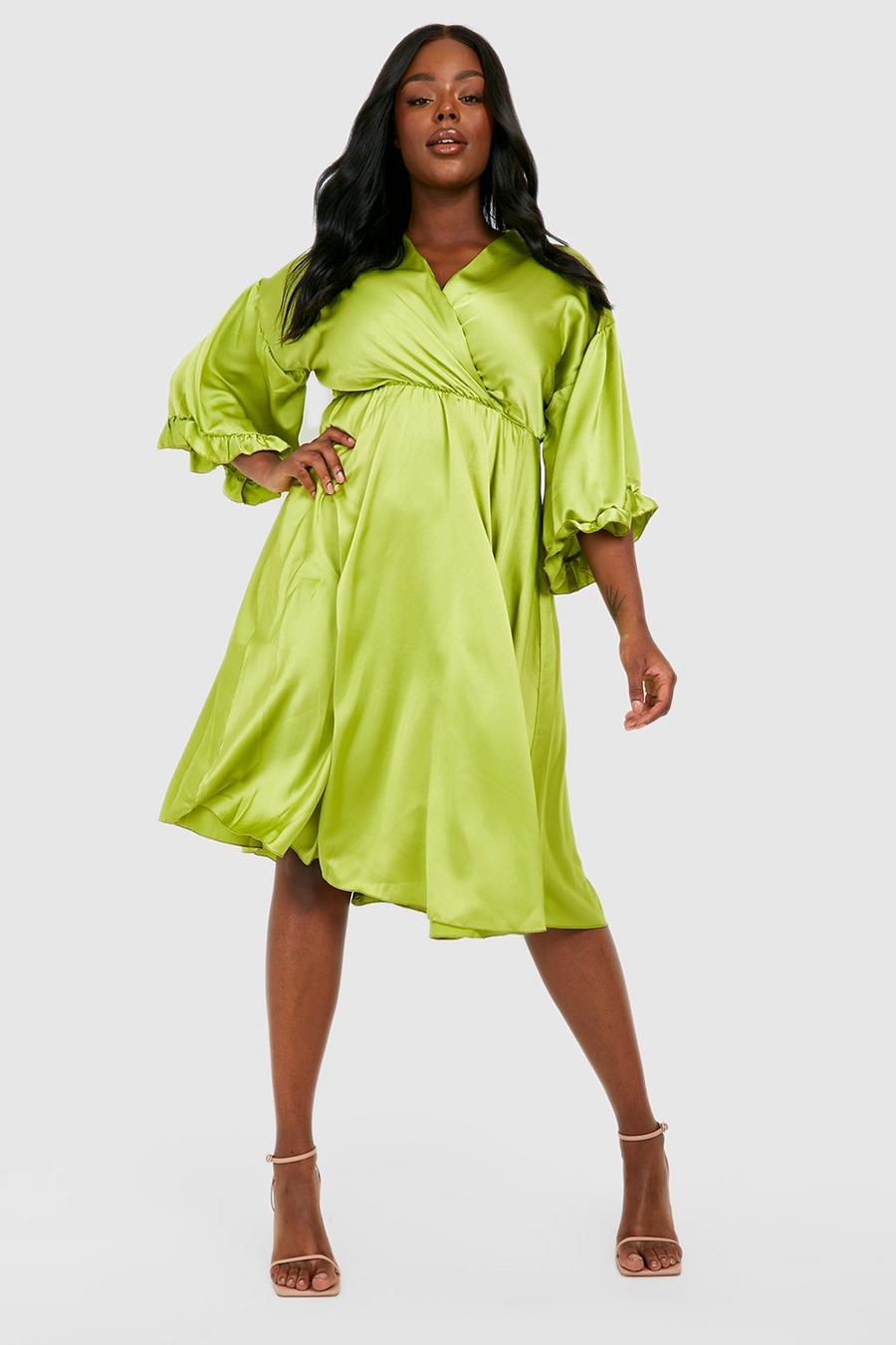 Chartreuse Plus Satin Ruffle Midi Dress image number 1