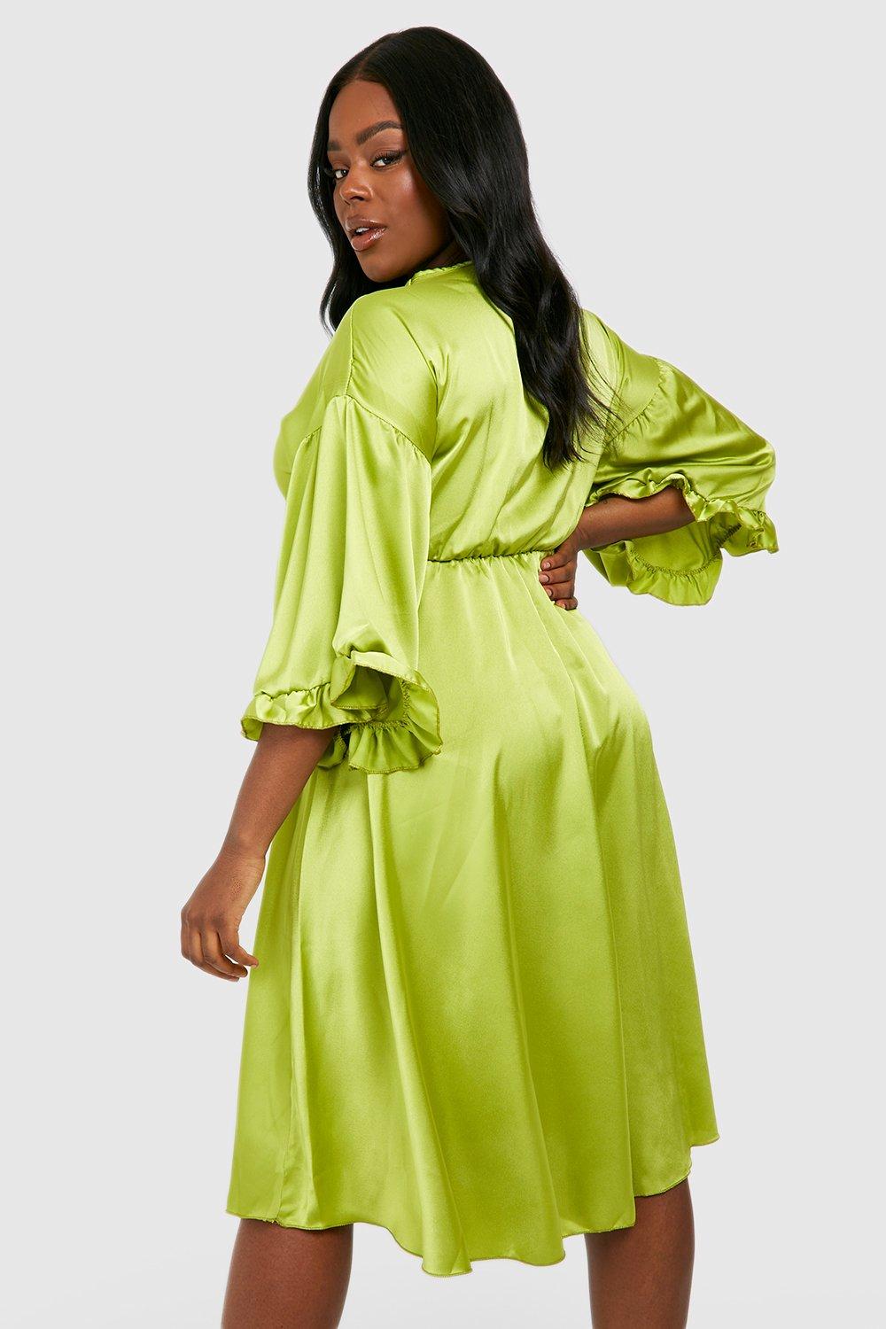 Plus Satin Ruffle Sleeve Midi Dress