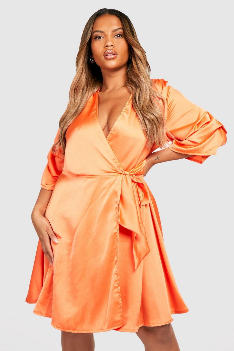 Orange Plus Satin Ruched Sleeve Wrap Dress image number 1