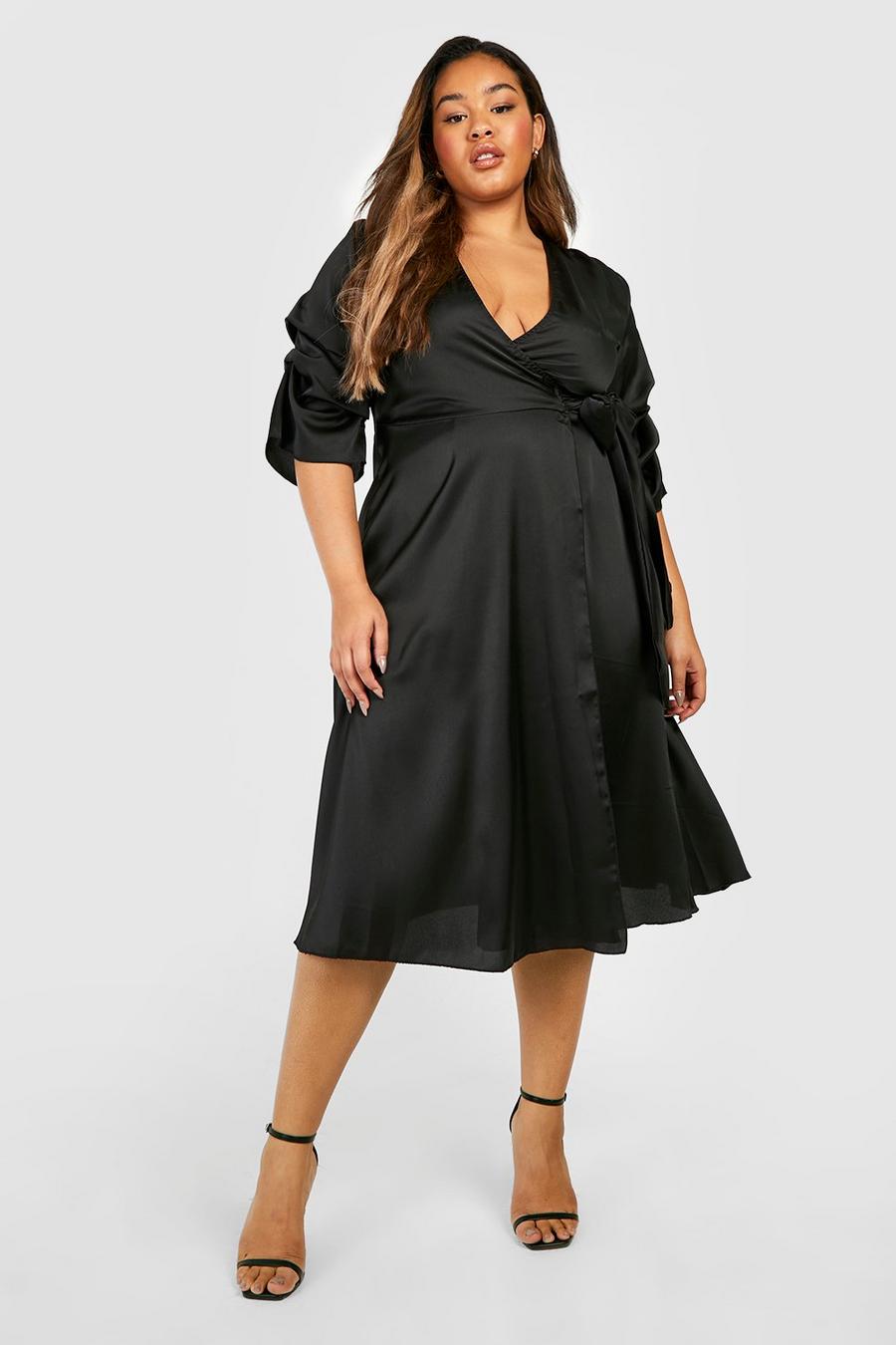 Black Plus Satin Ruched Sleeve Wrap Midi Dress image number 1