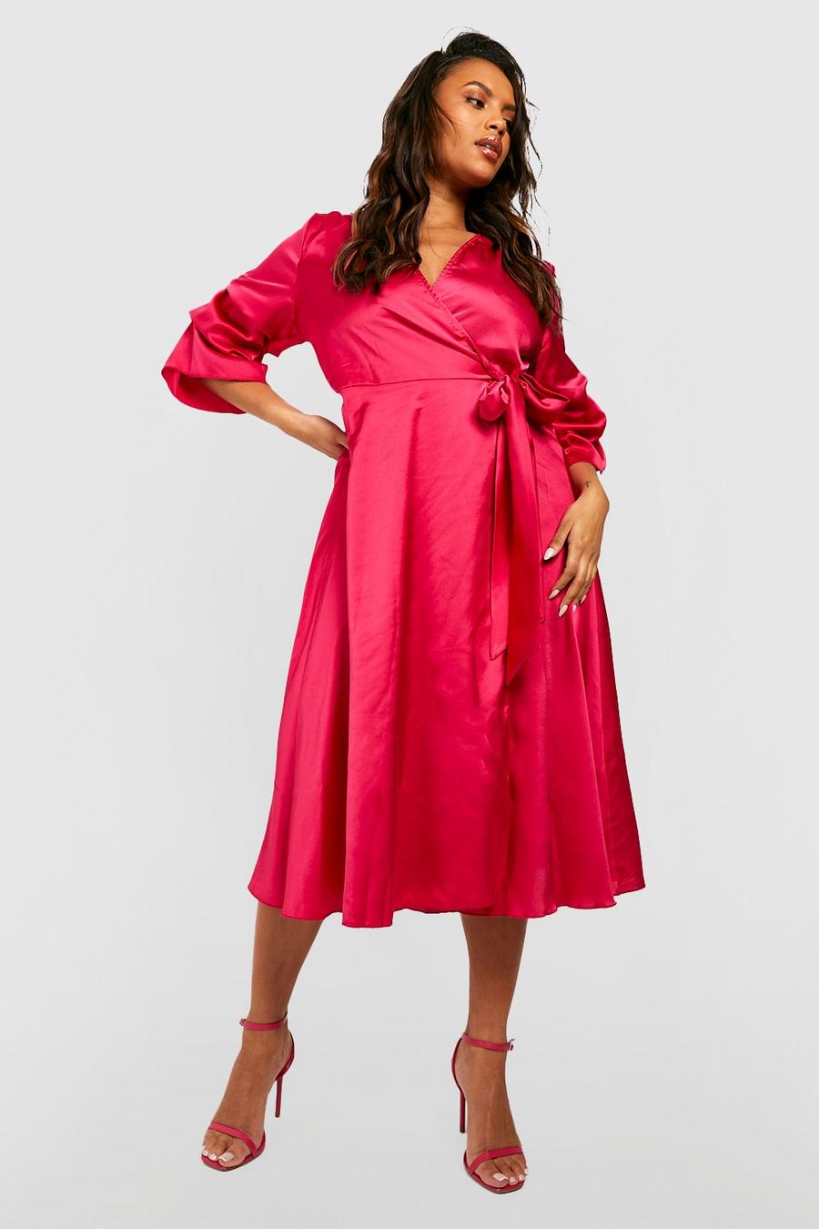 Vestido Plus midi cruzado de raso con mangas fruncidas, Hot pink image number 1