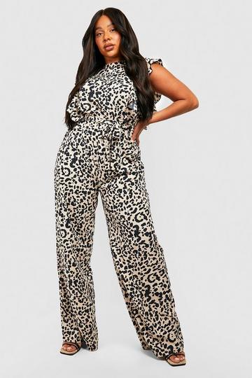 Plus Wide Leg Luipaardprint Jumpsuit Met Ruches leopard