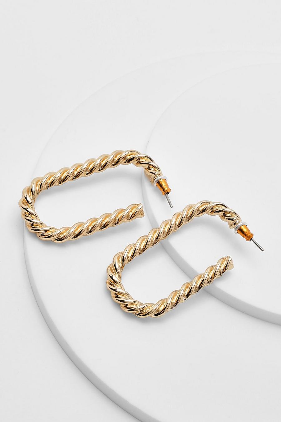 Gold metallic Polished Twist Rectangular Hoop Earrings  image number 1