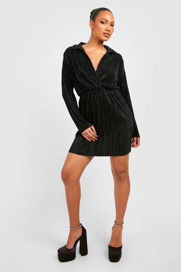 Black Plisse Wrap Shirt Dress