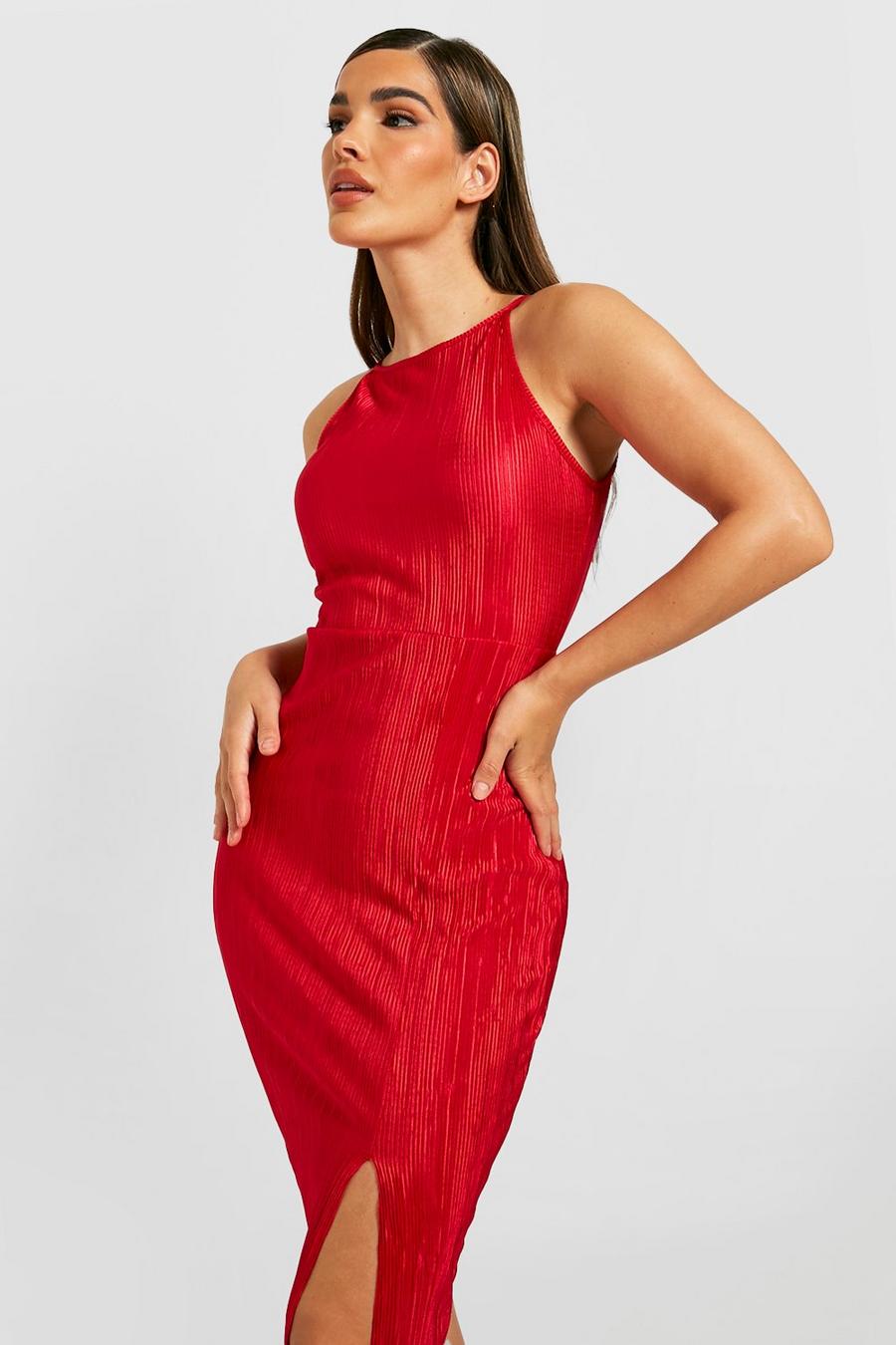 Red Split Side Plisse Midi Dress image number 1