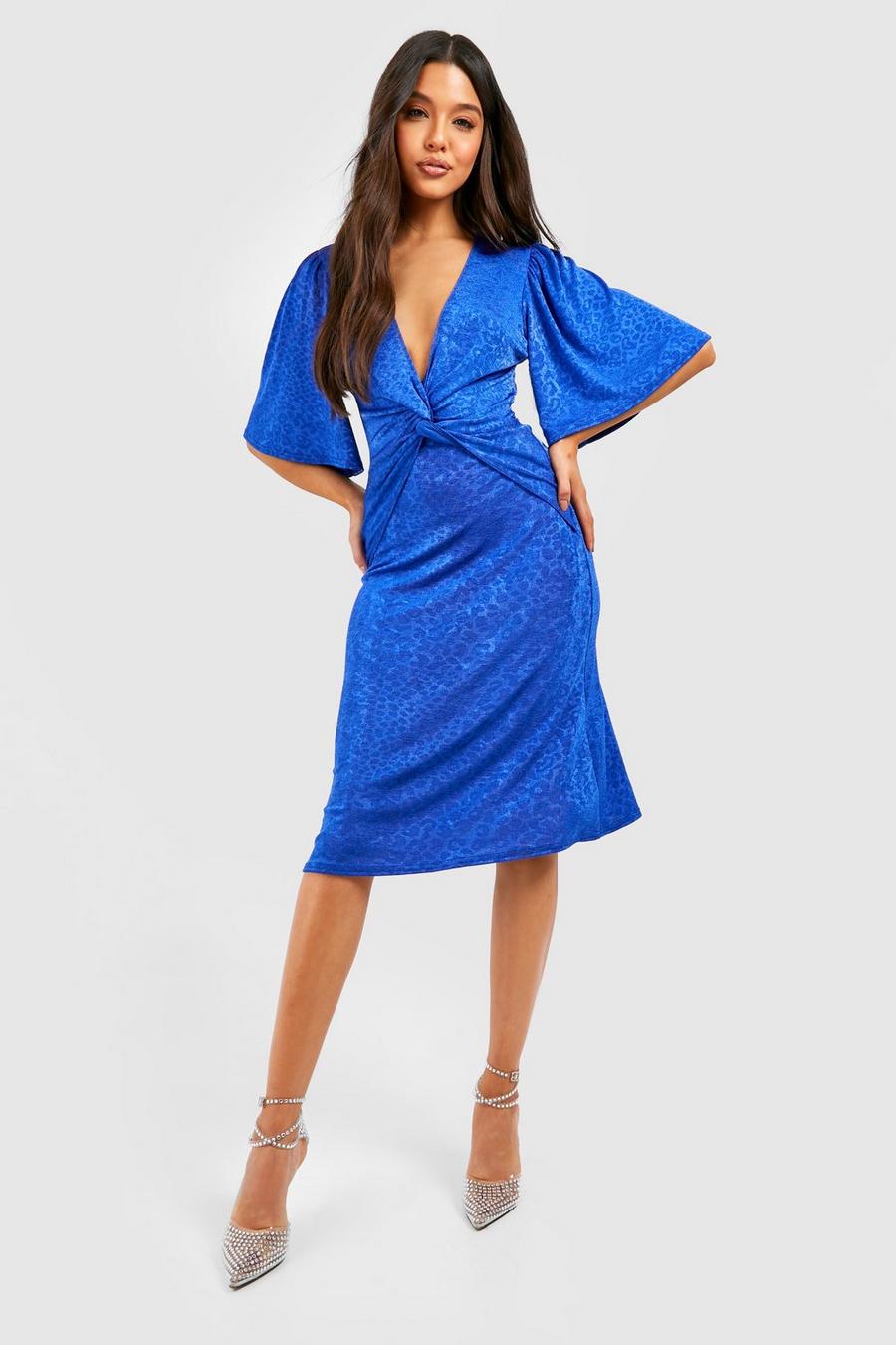 Blue  Jacquard Slinky Angel Sleeve Twist Front Midi Dress image number 1