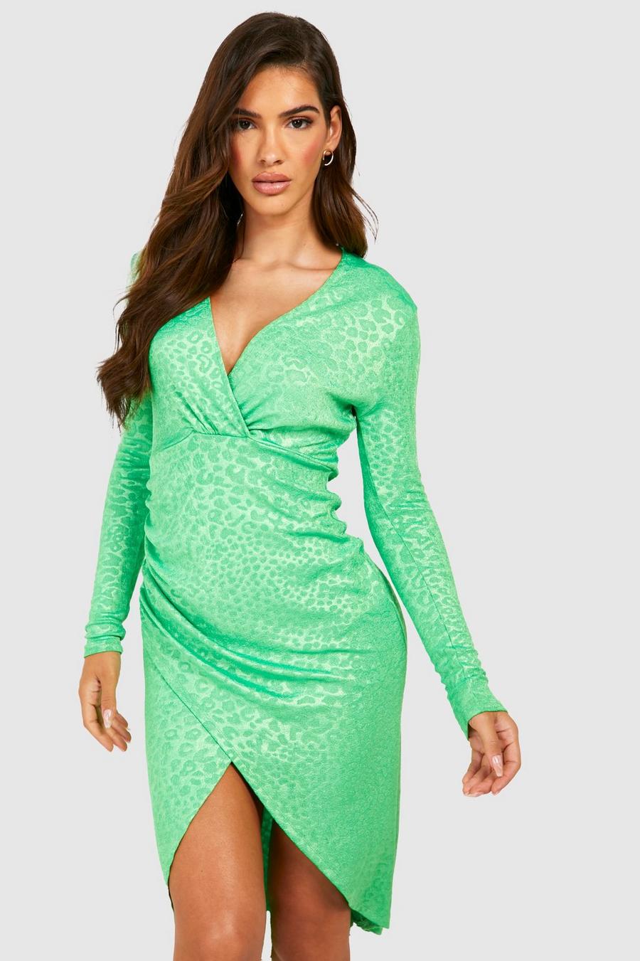 Green Jacquard Slinky Plunge Wrap Midi Dress image number 1
