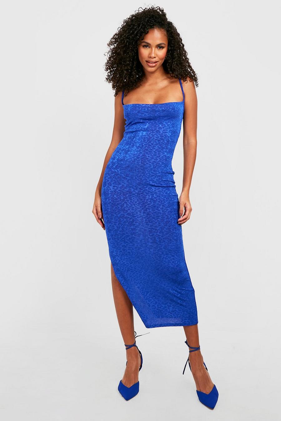 Blue Jacquard Slinky Cowl Neck Midi Dress
