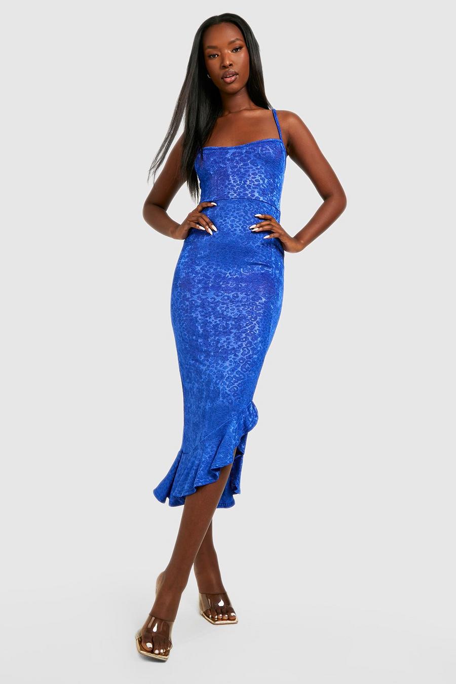 Blue Jacquard Slinky Frill Hem Midi Dress image number 1