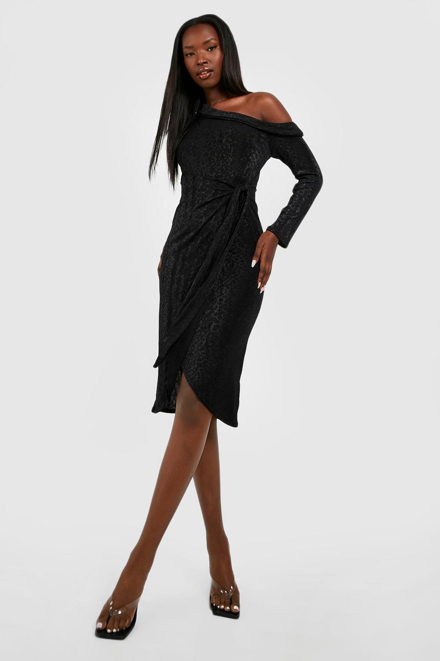 Black Slinky Jacquard One Shoulder Wrap Skirt Midi Dress