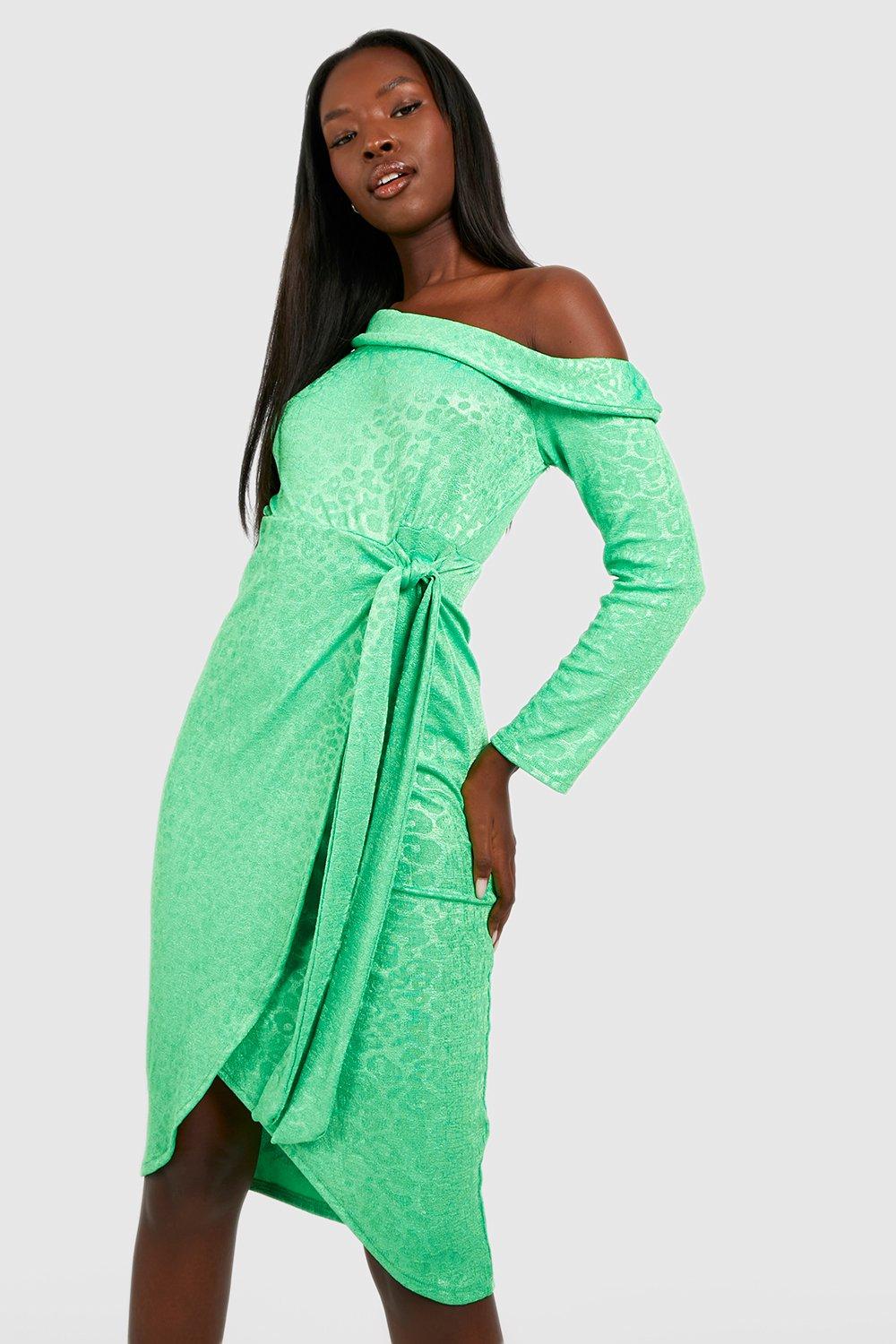 Slinky Jacquard One Shoulder Wrap Skirt Midi Dress