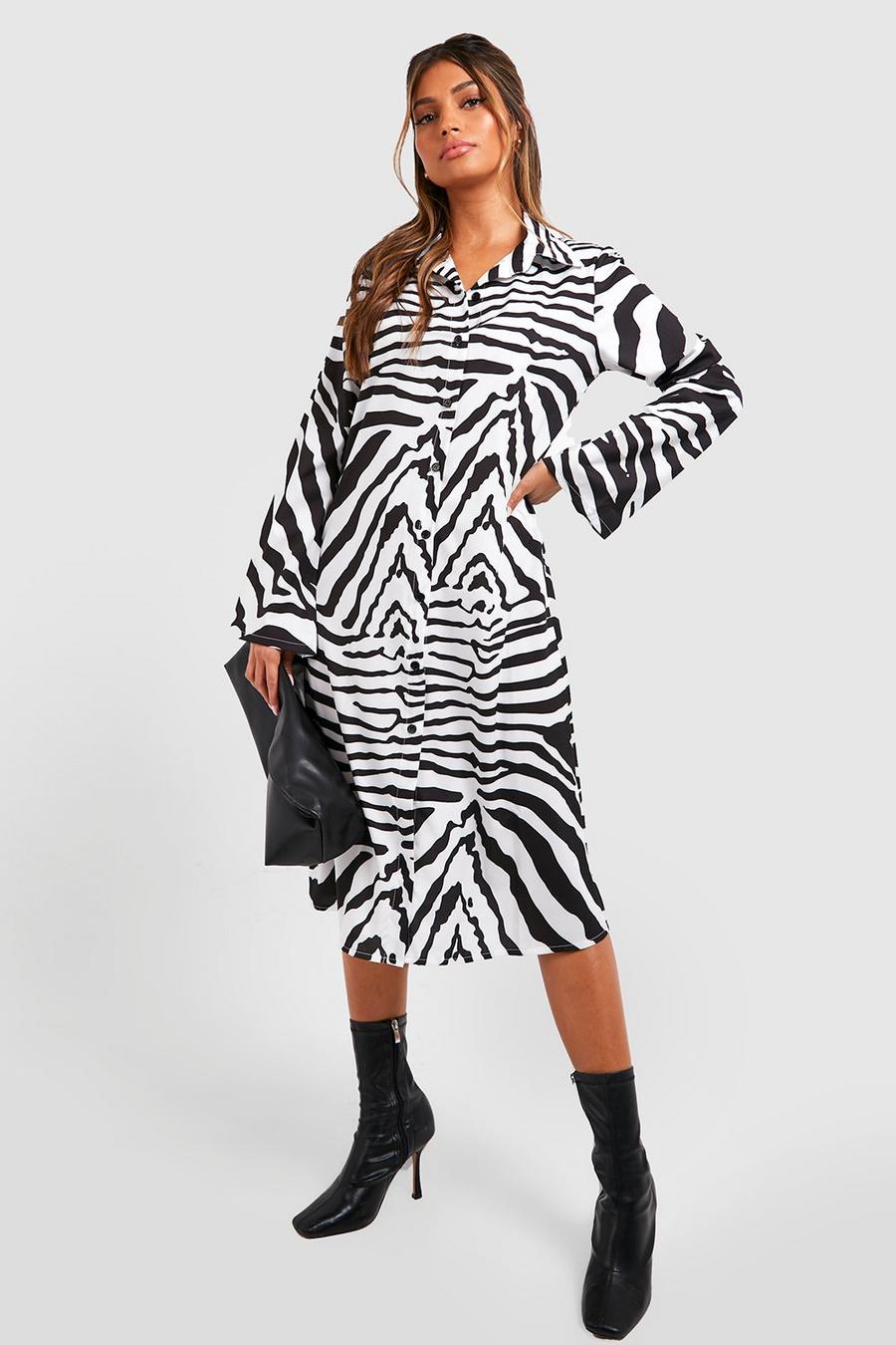 Black Zebra Flare Sleeve Midi Shirt Dress image number 1