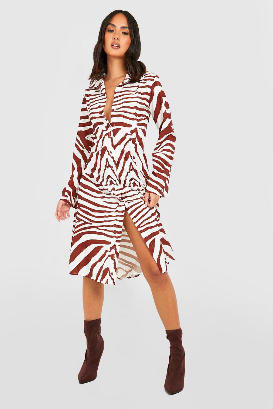Chocolate Zebra Flare Sleeve Midi Shirt Dress image number 1