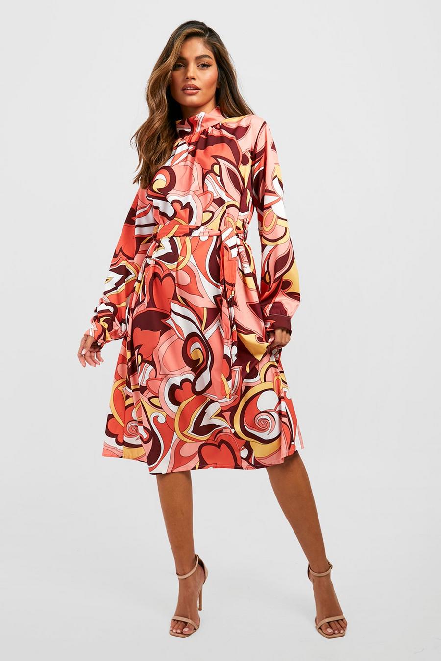 Pink Abstract Print High Neck Midi Skater Dress image number 1