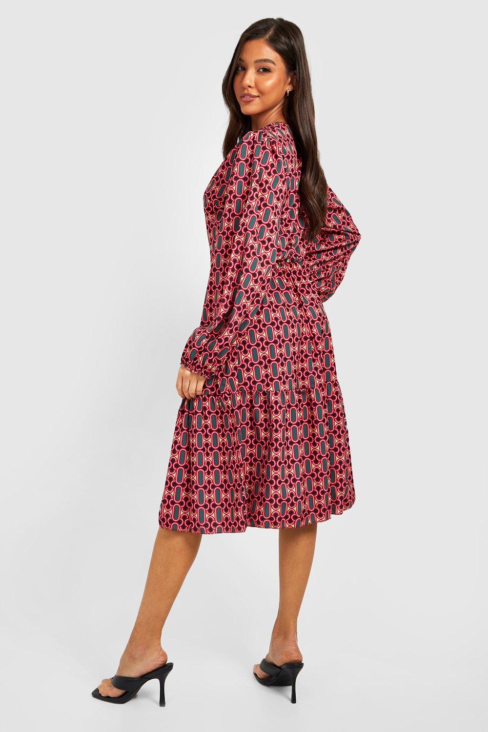 Retro Print Frill Hem Midi Dress boohoo