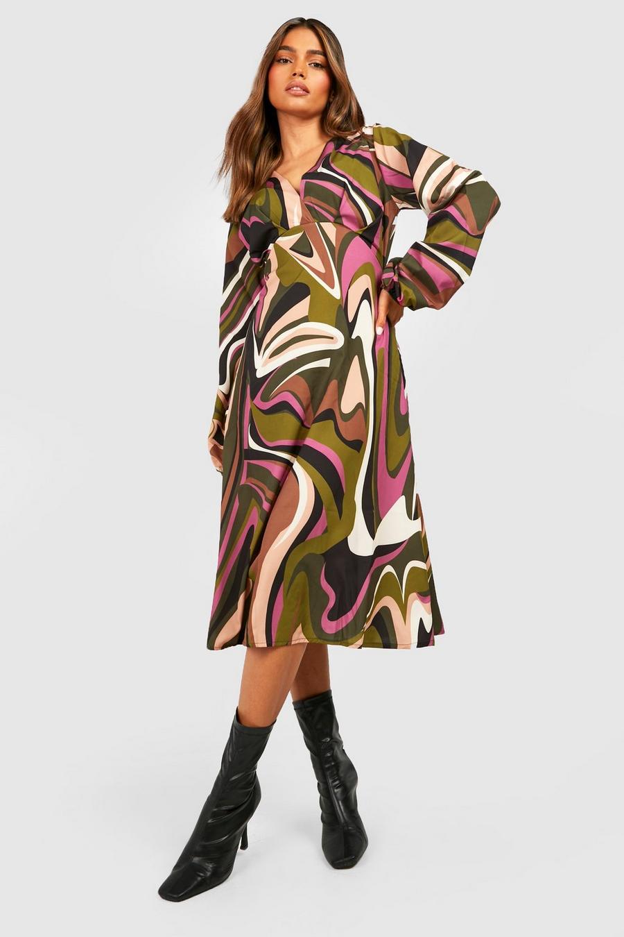 Khaki Marble Print Plunge Midi Dress image number 1
