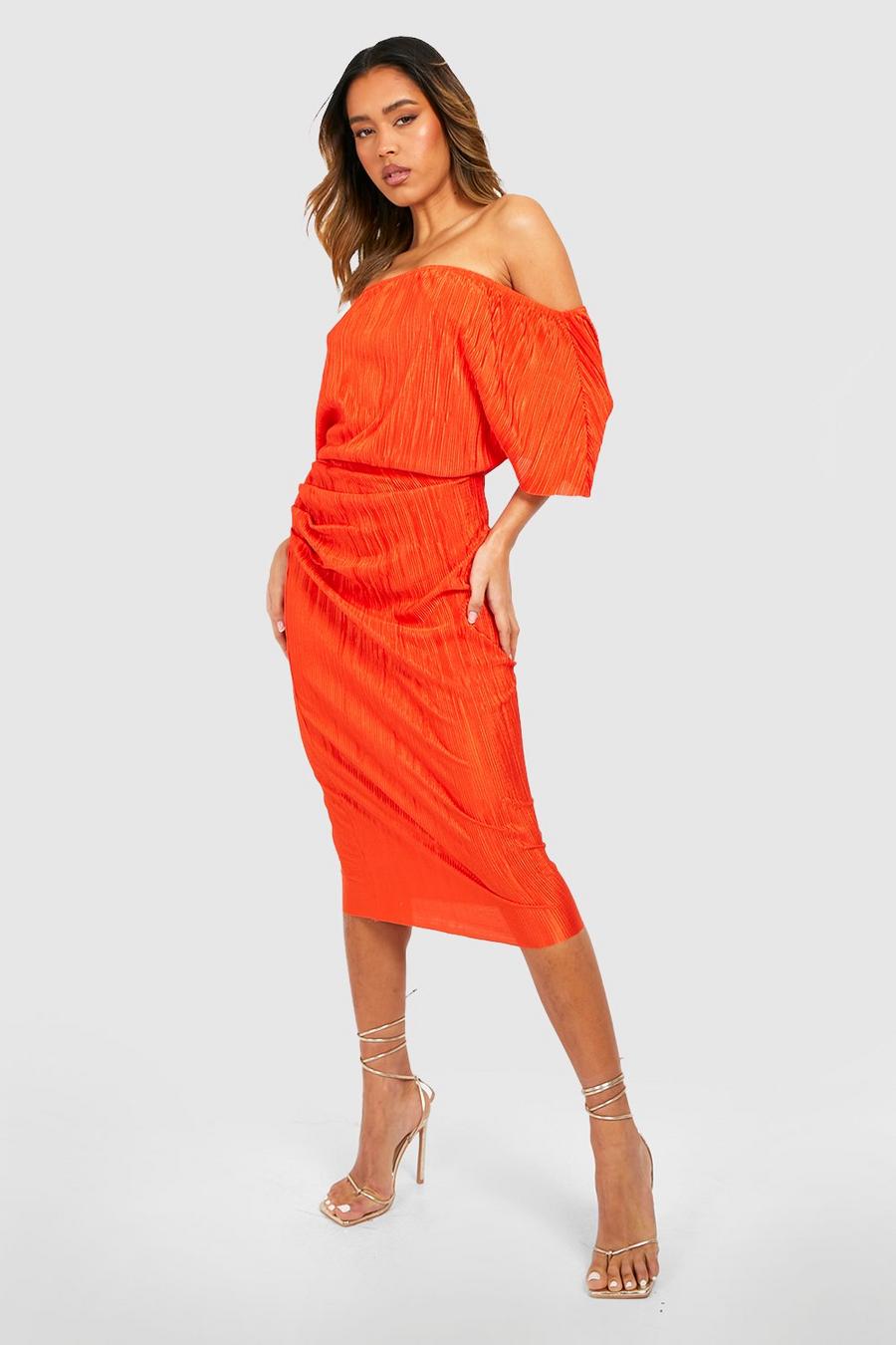 Orange Off The Shoulder Plisse Midi Party Dress