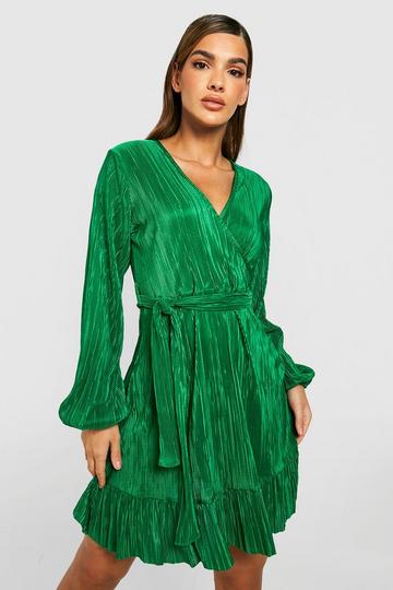 Plisse Belted Wrap Over Dress green