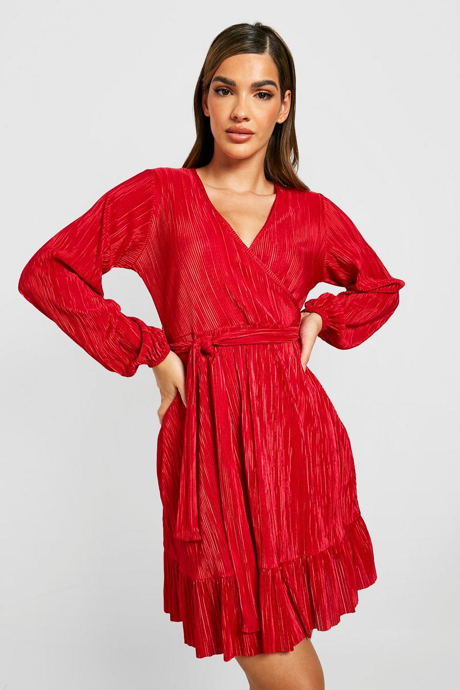 Red Plisse Belted Wrap Over Dress