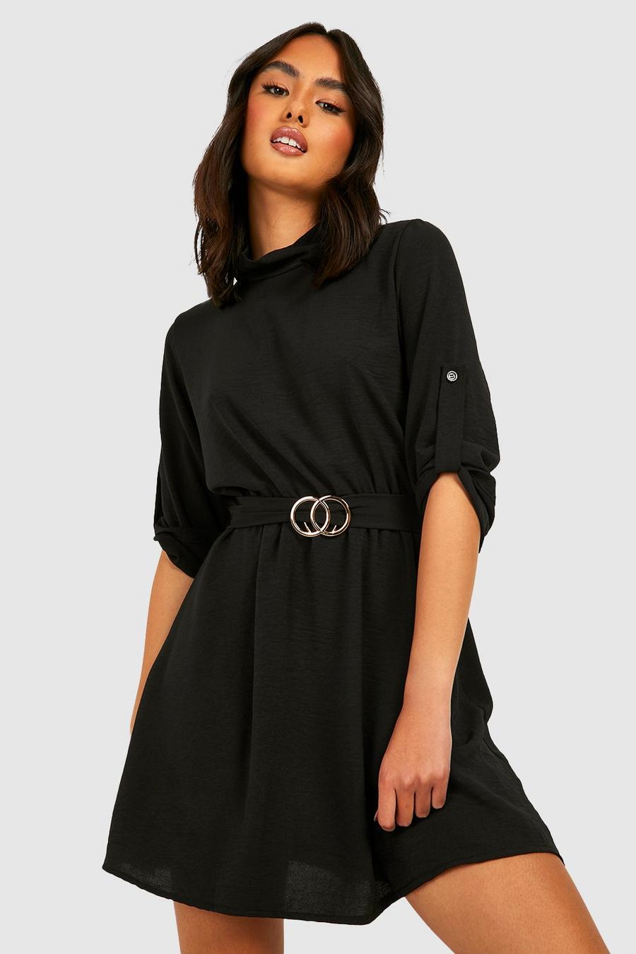 Hochgeschlossenes Skater-Kleid mit Gürtel, Black