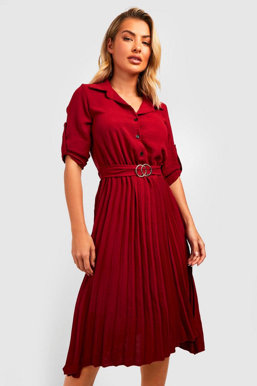 Berry Belted Pleated Midi Shirt Dress image number 1