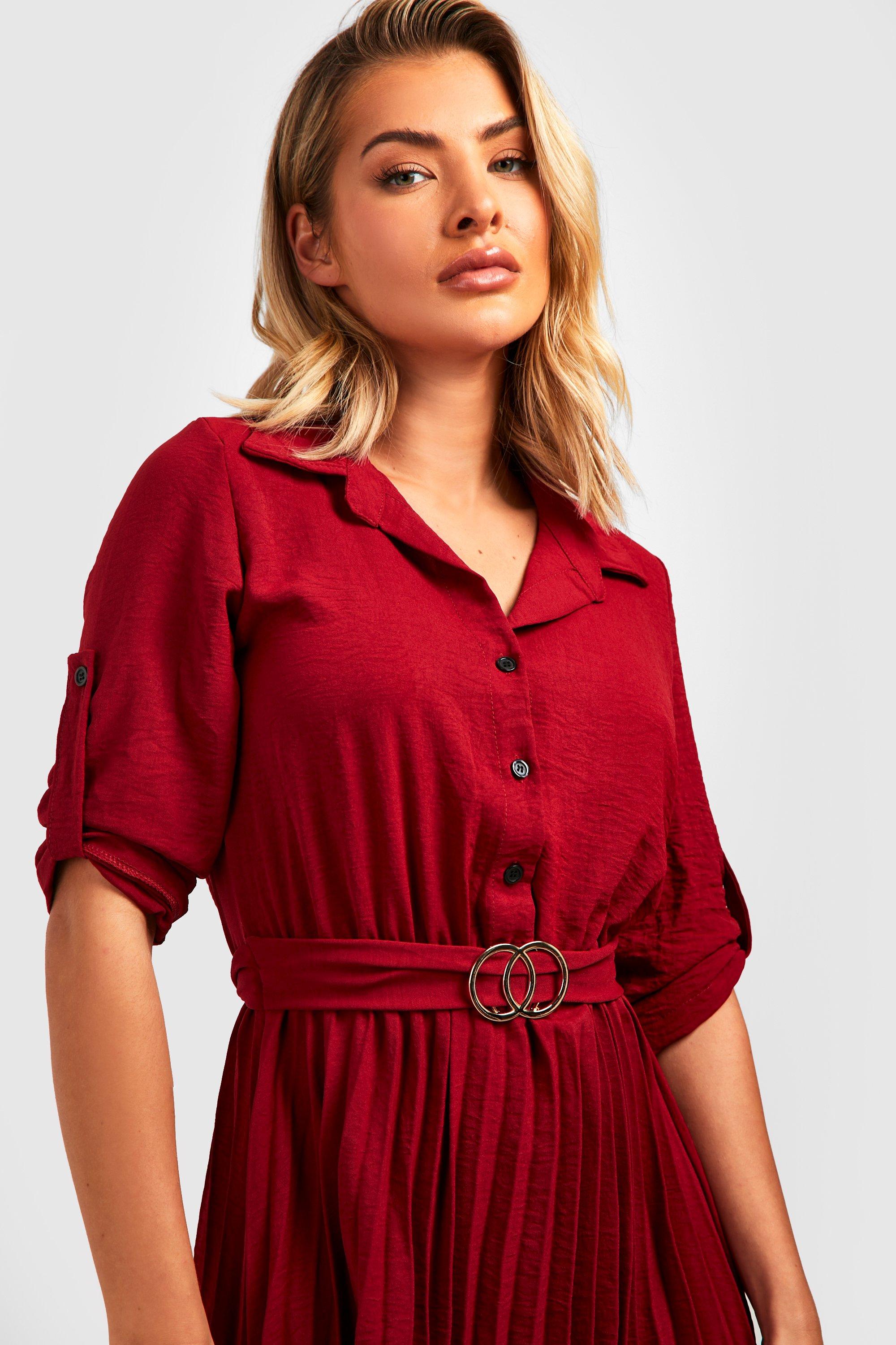 Belted Pleated Midi Shirt Dress | boohoo