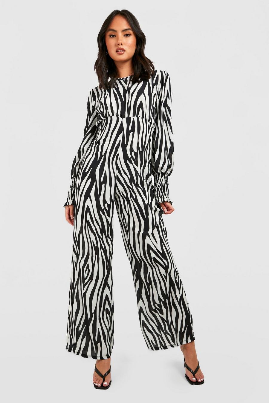 Black Zebra Shirred Cuff Jumpsuit