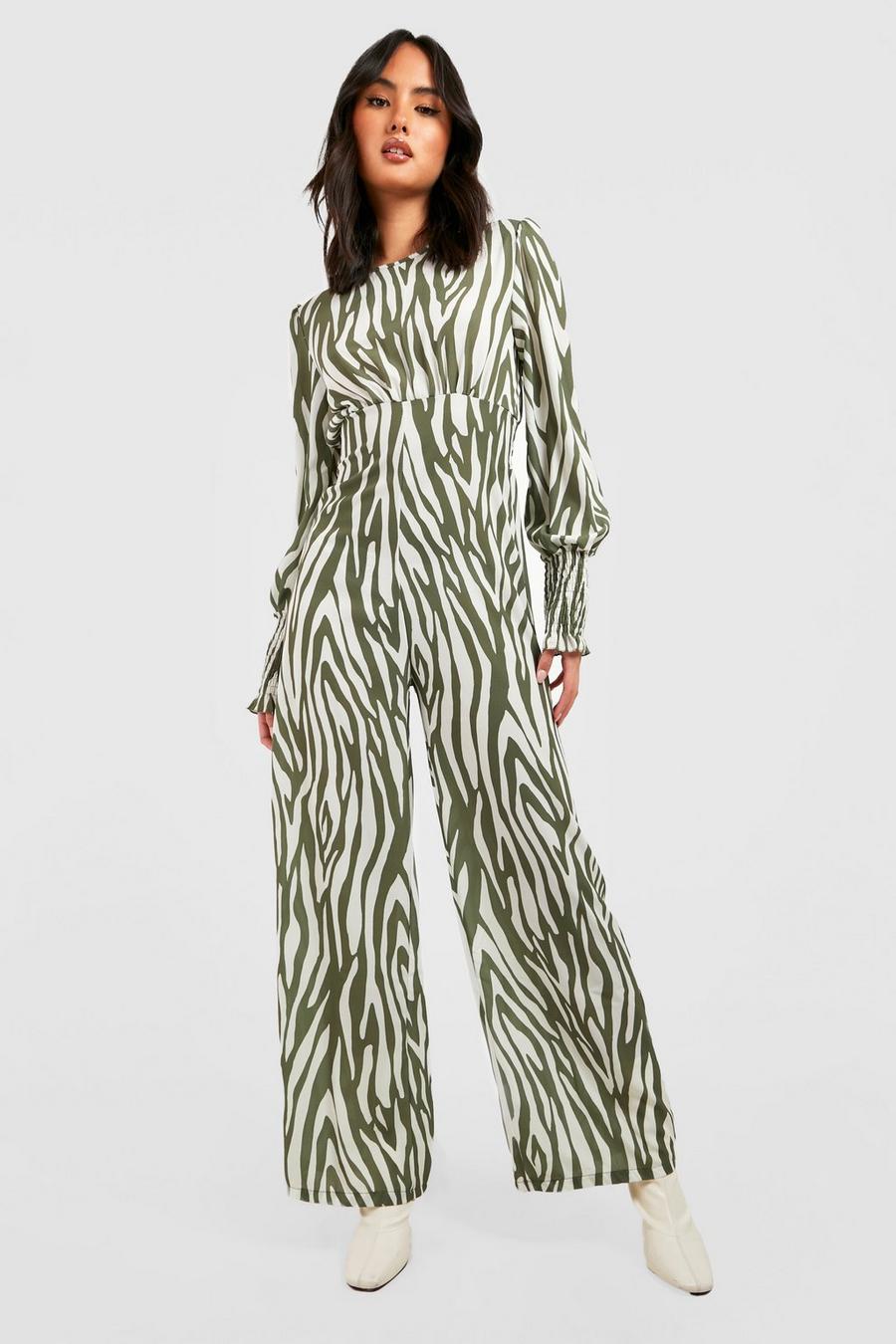 Khaki Zebra Shirred Cuff Jumpsuit