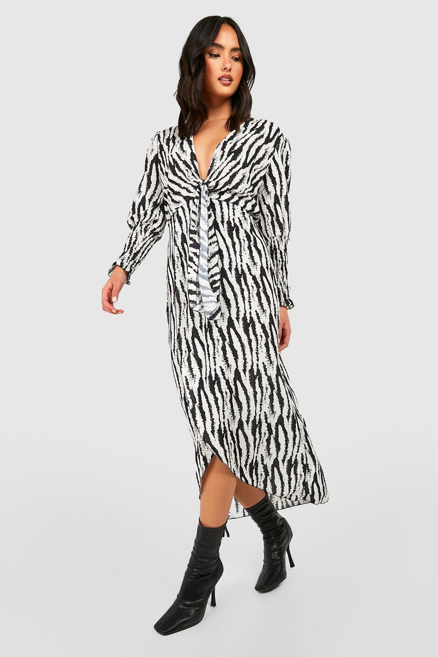 Black Zebra Print Shirred Cuff Midi Dress image number 1