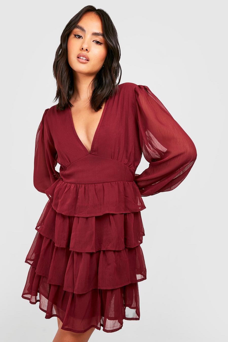 Wine The Chiffon Tiered Skater Dress image number 1