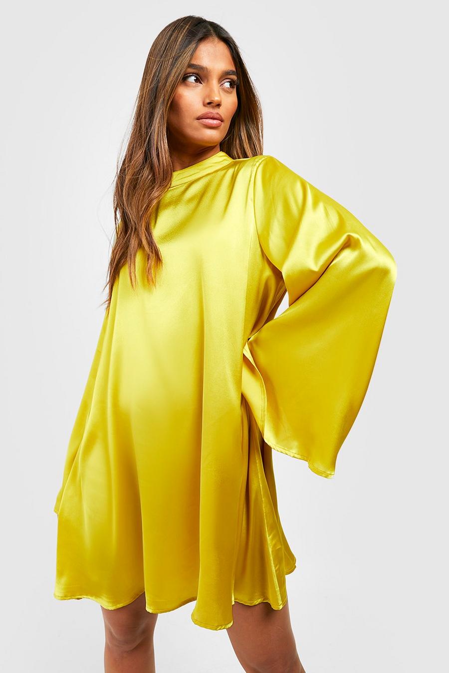 Chartreuse yellow The Satin Flare Sleeve Smock Dress