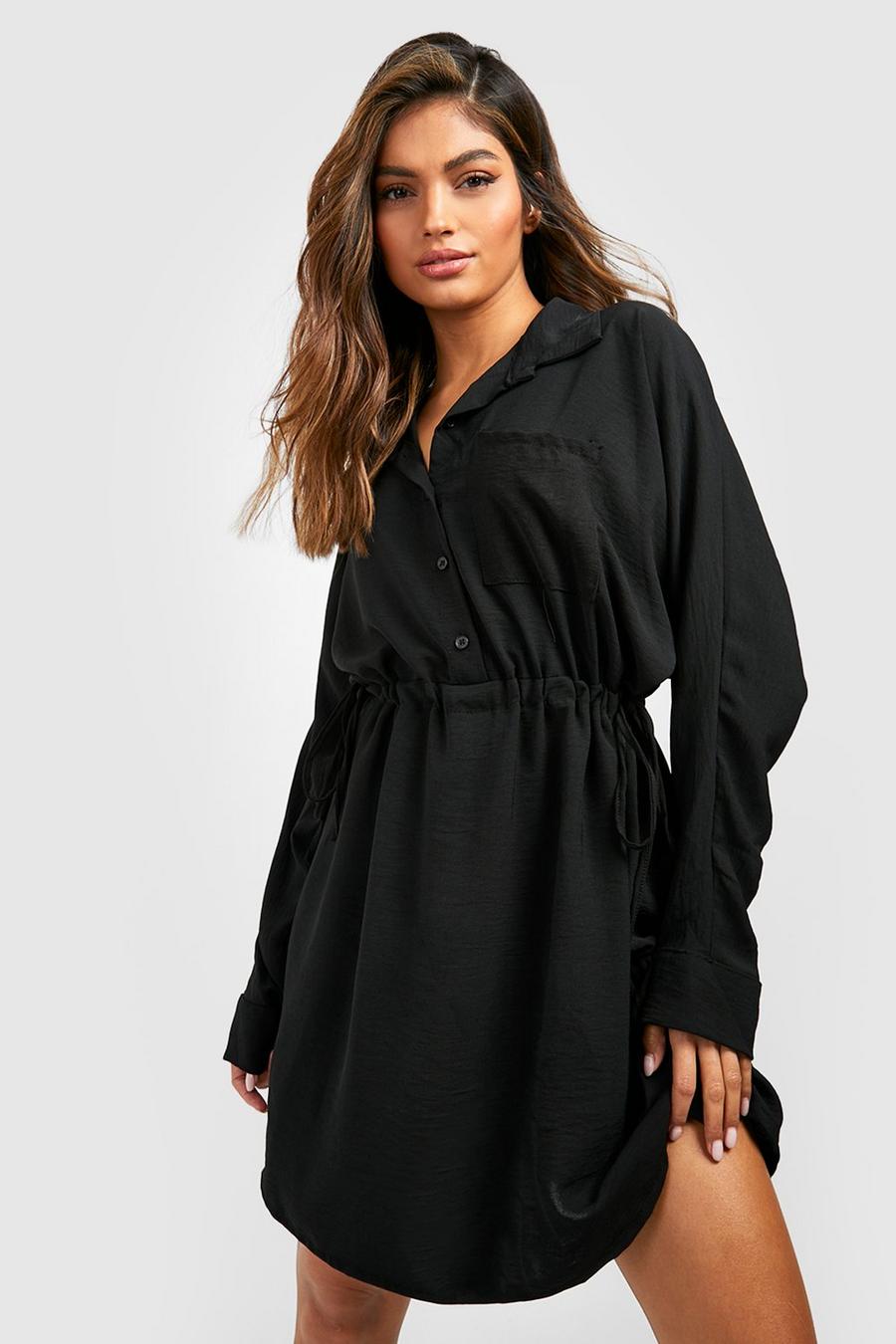Black Ruched Waist Utility Shirt Dress image number 1