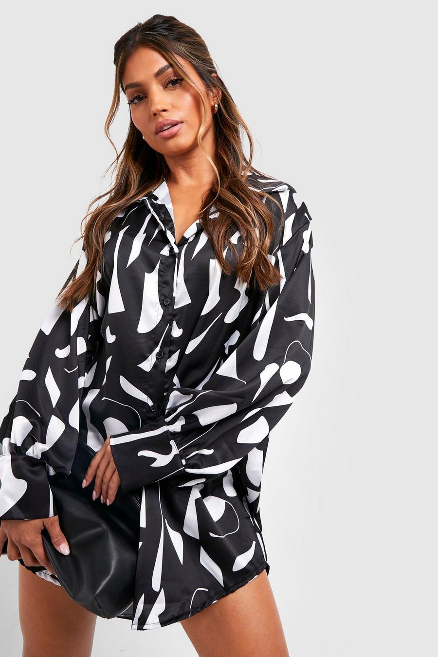 Black Abstract Print Oversized Shirt Dress image number 1