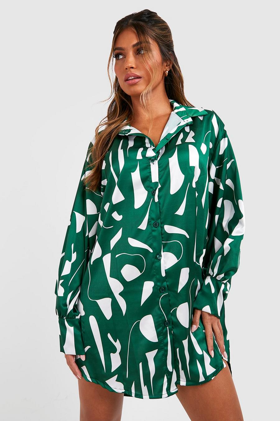 Green Abstract Print Oversized Shirt Dress image number 1